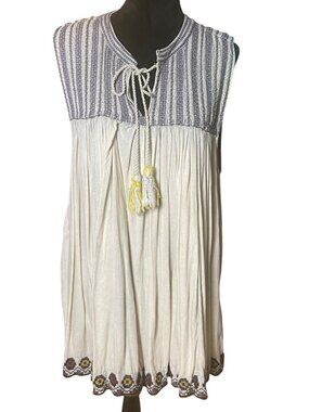 Rachel Zoe XL Boho Embroidered Sleeveless Tassel Tie Tunic Blouse Top Ivory